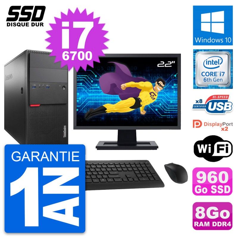 Lenovo M800 Desktop PC - 22" Screen, Intel i7-6700, 8GB RAM, 960GB SSD, Windows 10, WiFi