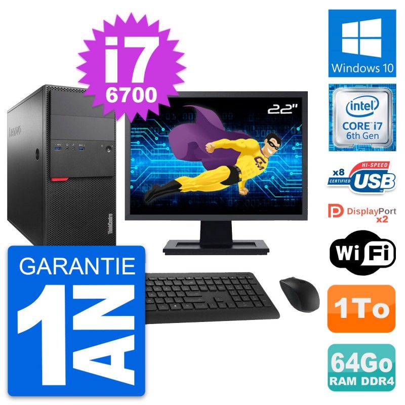 Lenovo M800 Desktop PC - 22" Screen, Intel i7-6700, 64GB RAM, 1TB HDD, Windows 10, WiFi