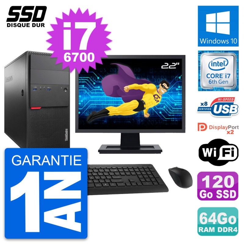 Lenovo M800 Desktop Computer, 22" Screen, Intel i7-6700, 64GB RAM, 120GB SSD, Windows 10, WiFi