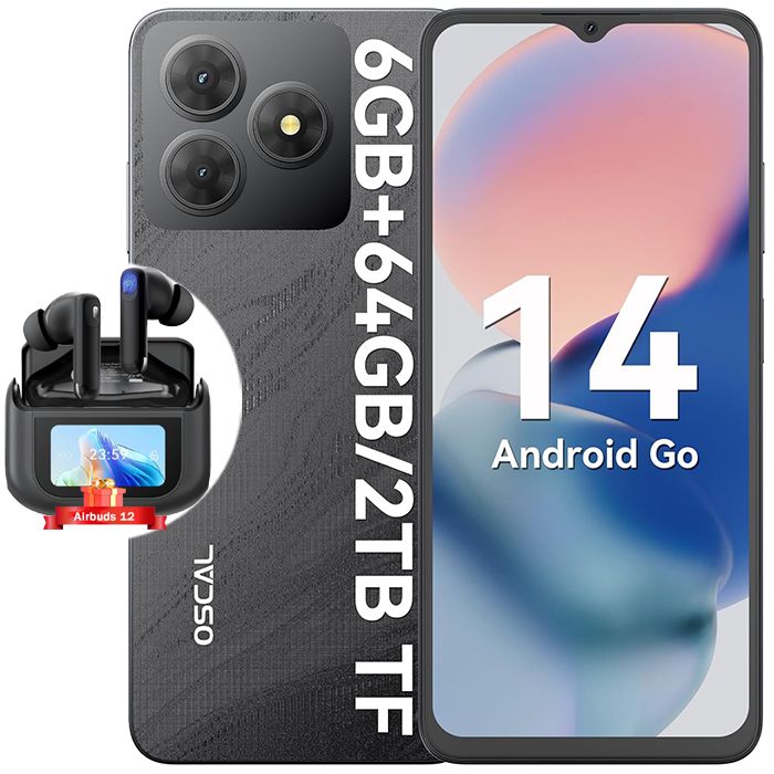 Blackview OSCAL 2C - Teléfono móvil de 6.56 pulgadas con Android 14, 6 GB + 64 GB/2 TB TF, batería de 5000 mAh, procesador Octa-core, doble SIM, negro