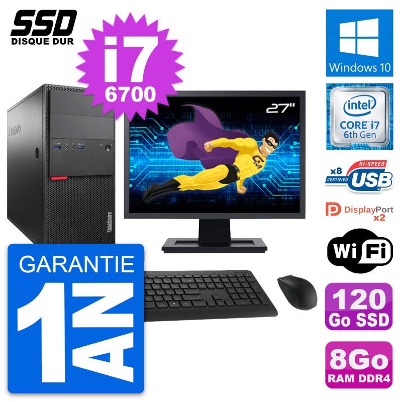 Lenovo M800 Desktop Computer, 27" Screen, Intel i7-6700, 8GB RAM, 120GB SSD, Windows 10, WiFi