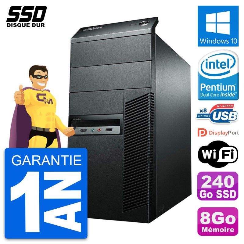 Lenovo ThinkCentre M92p Desktop Computer, Intel Pentium G2020, 8GB RAM, 240GB SSD, Windows 10, WiFi