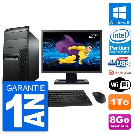 Ordinateur de bureau Lenovo M92p - Écran 27'', Processeur Pentium G2020, 8 Go de RAM, Disque dur 1 To, Windows 10, WiFi