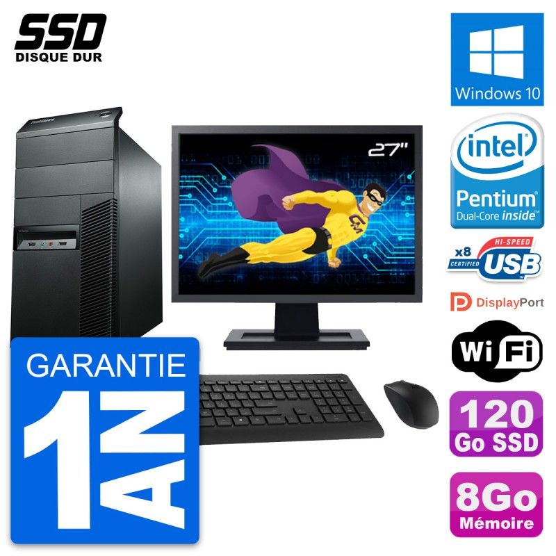 Lenovo M92p Desktop Computer, 27" Screen, Pentium G2020, 8GB RAM, 120GB SSD, Windows 10, WiFi
