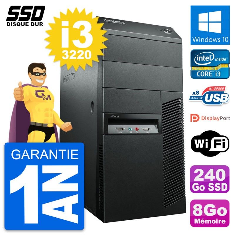 Lenovo ThinkCentre M92p Desktop PC - Intel i3-3220, 8GB RAM, 240GB SSD, Windows 10, WiFi