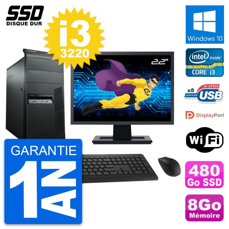 Lenovo M92p Desktop Computer, 22" Screen, Intel i3-3220, 8GB RAM, 480GB SSD, Windows 10, WiFi