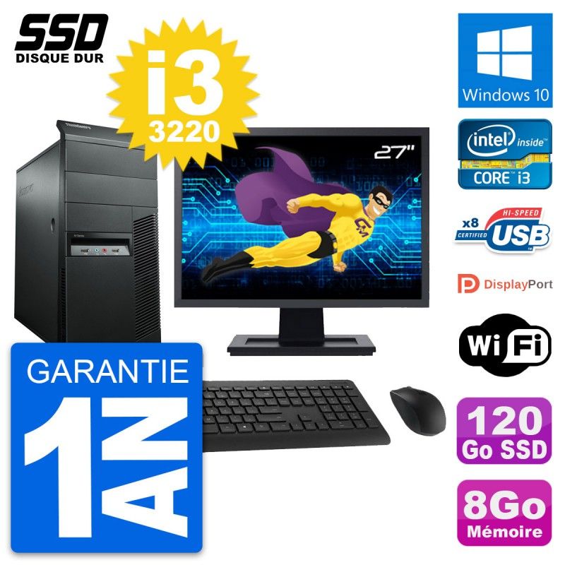 Lenovo M92p Mid Tower PC - 27" Screen, Intel i3-3220, 8GB RAM, 120GB SSD, Windows 10, Wifi