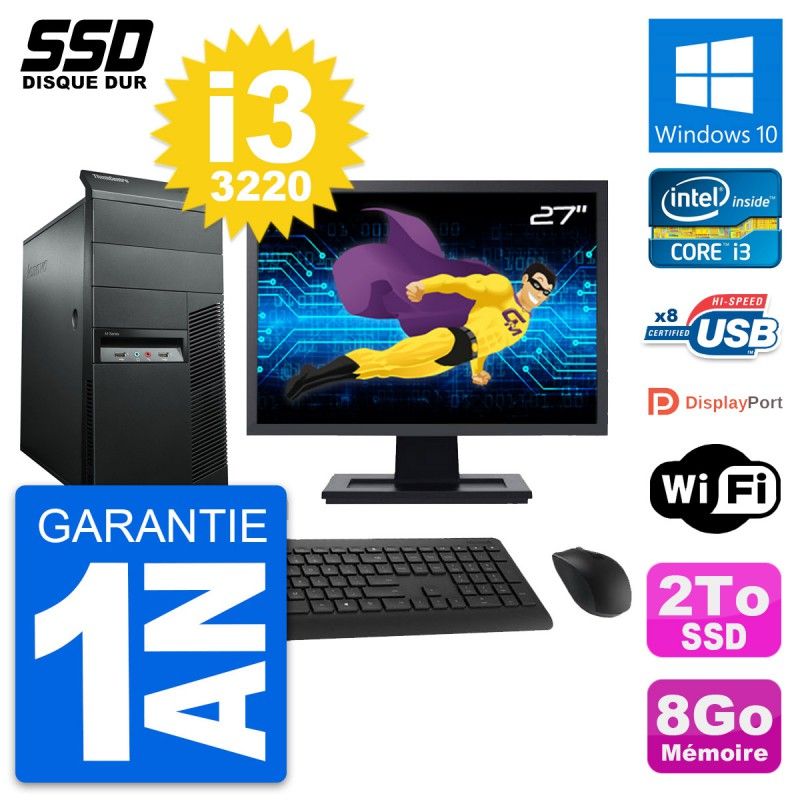 Lenovo M92p Desktop PC - 27" Screen, Intel i3-3220, 8GB RAM, 2TB SSD, Windows 10, WiFi