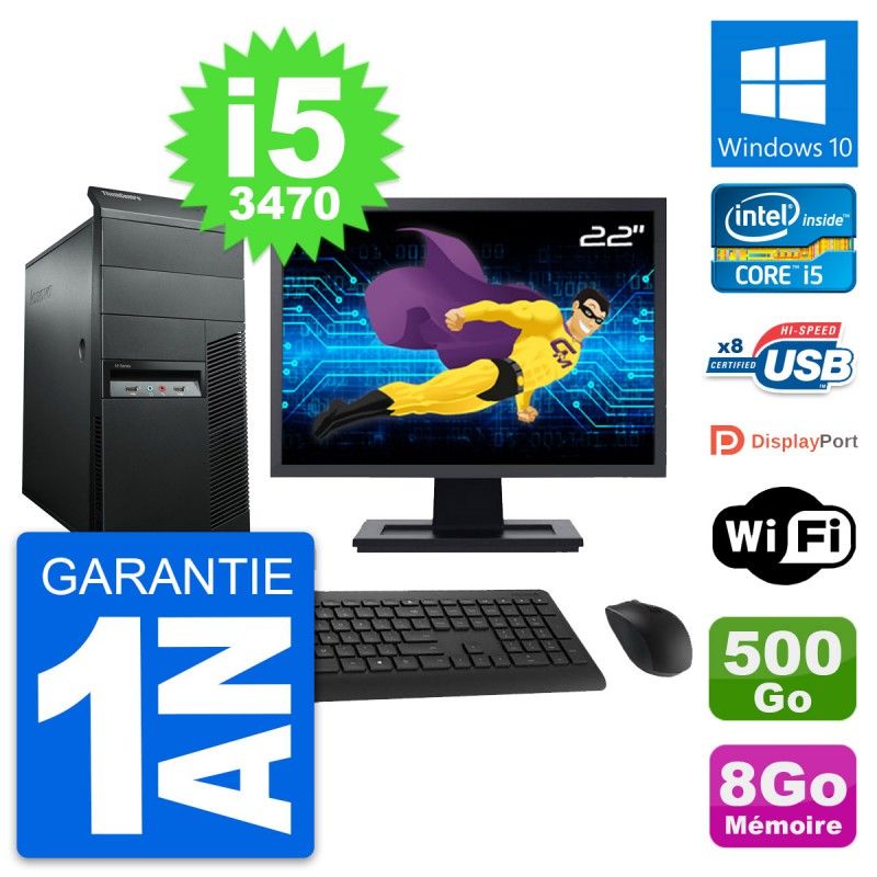 Lenovo M92p Desktop Computer, 22" Screen, Intel i5-3470, 8GB RAM, 500GB HDD, Windows 10, WiFi