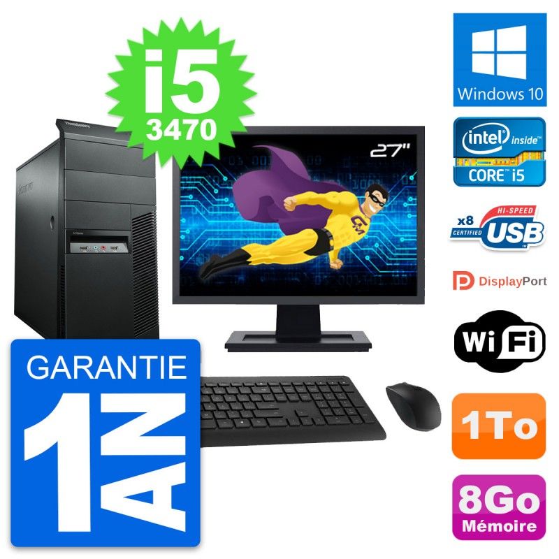 Lenovo M92p Desktop PC - 27" Screen, Intel i5-3470, 8GB RAM, 1TB HDD, Windows 10, WiFi