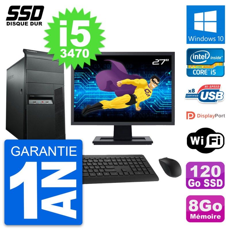 Lenovo M92p Desktop PC - 27" Screen, Intel i5-3470, 8GB RAM, 120GB SSD, Windows 10, WiFi