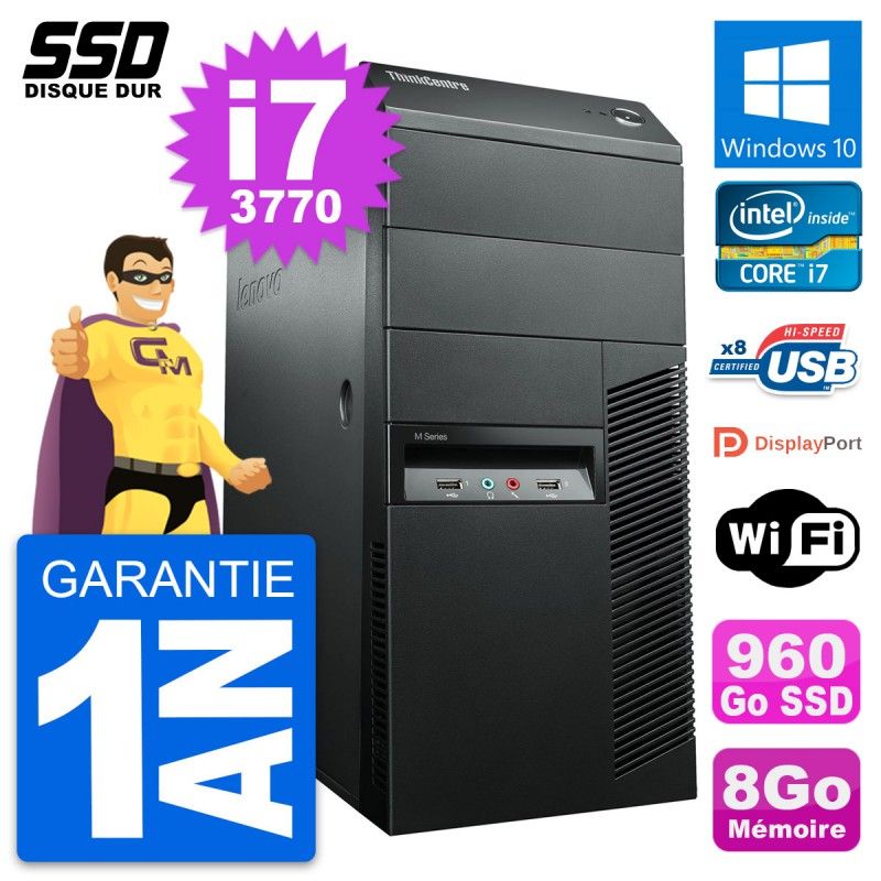 Lenovo ThinkCentre M92p Desktop Computer - Intel i7-3770, 8GB RAM, 960GB SSD, Windows 10, WiFi