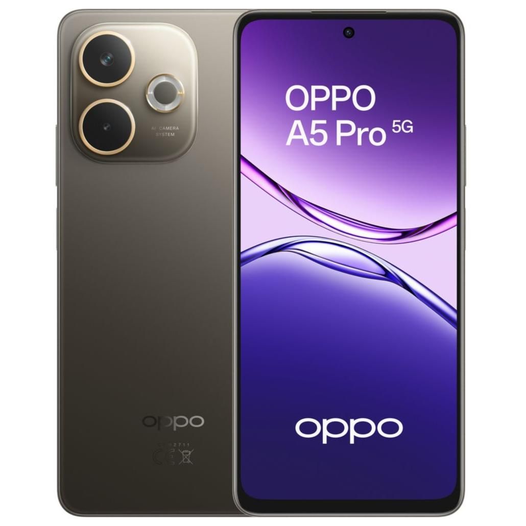 Teléfono inteligente OPPO A5 Pro 5G - 256 GB, Pantalla de 6,67 pulgadas Full HD+, Procesador octal núcleo de 2,4 GHz, 8 GB de RAM, Cámara trasera doble de 50 MP, Batería de 5800 mAh, Negro/Marrón