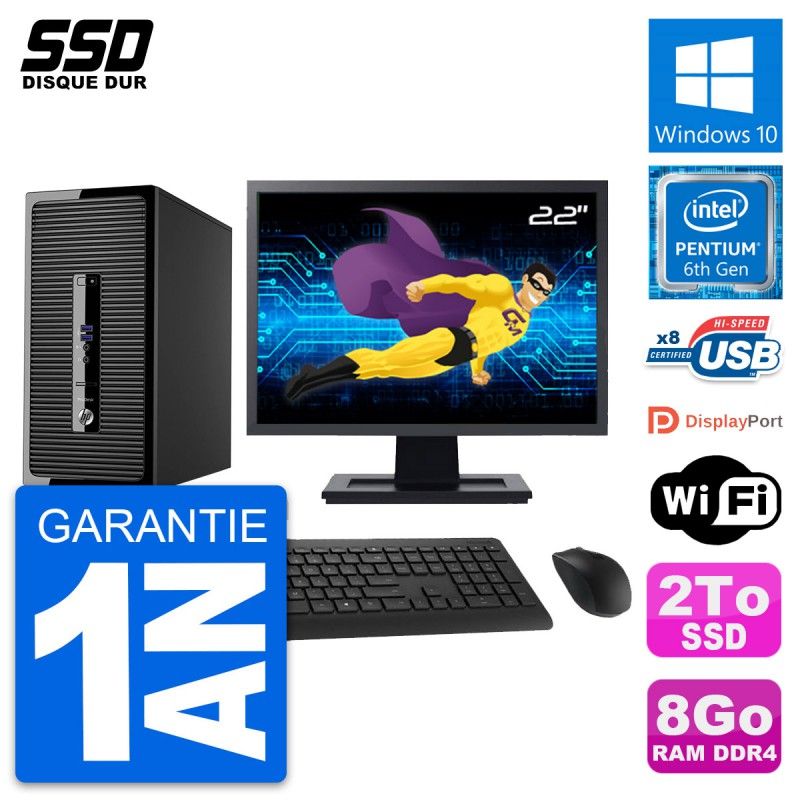 HP ProDesk 400 G3 MT Desktop PC - 22" Screen, Intel Pentium G4400, 8GB RAM, 2TB SSD, Windows 10, WiFi