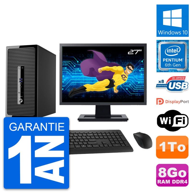 HP ProDesk 400 G3 MT Desktop Computer, 27" Screen, Intel Pentium G4400, 8GB RAM, 1TB HDD, Windows 10, WiFi
