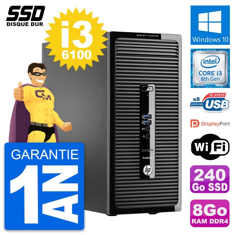 HP ProDesk 400 G3 MT Desktop PC - Intel Core i3-6100, 8GB RAM, 240GB SSD, Windows 10, WiFi