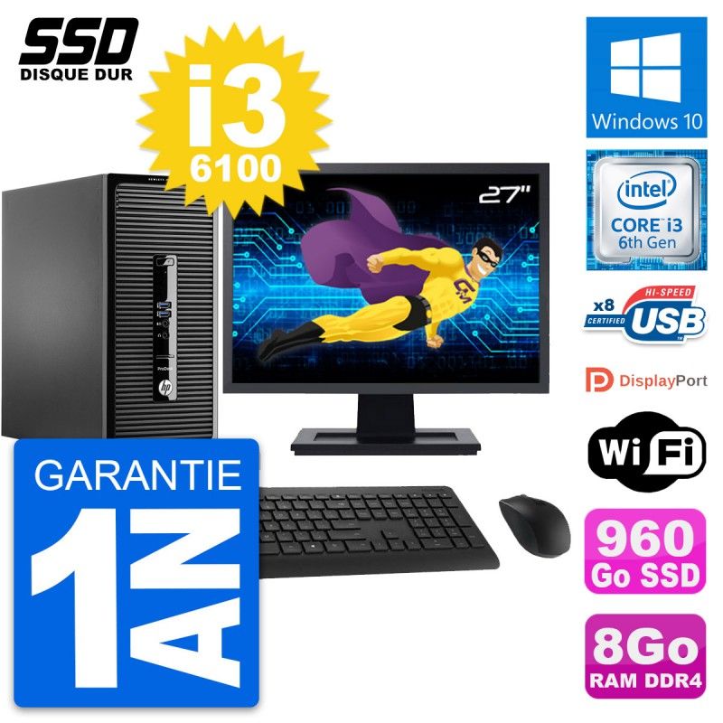 HP ProDesk 400 G3 MT Desktop PC - 27" Screen, Intel i3-6100, 8GB RAM, 960GB SSD, Windows 10, WiFi