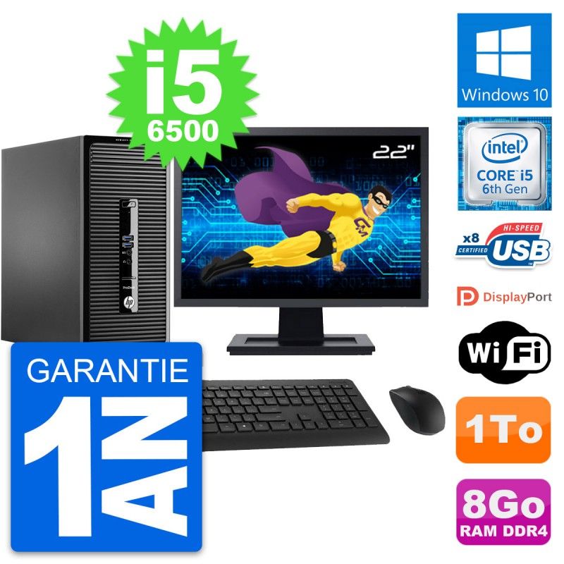 HP ProDesk 400 G3 MT Desktop Computer, 22" Screen, Intel i5-6500, 8GB RAM, 1TB HDD, Windows 10, WiFi