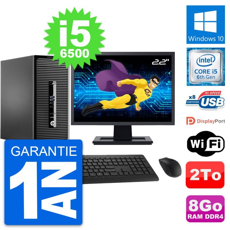 HP ProDesk 400 G3 MT Desktop PC, 22" Screen, Intel i5-6500, 8GB RAM, 2TB HDD, Windows 10, WiFi