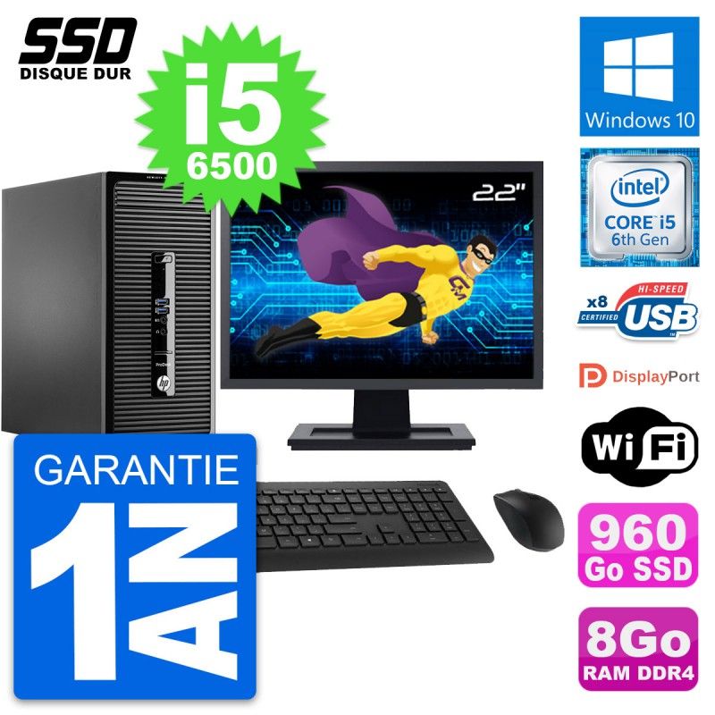 HP ProDesk 400 G3 MT Desktop Computer, 22" Screen, Intel i5-6500, 8GB RAM, 960GB SSD, Windows 10, WiFi