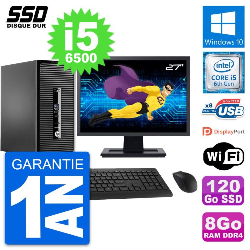 HP ProDesk 400 G3 MT Desktop PC - 27" Screen, Intel i5-6500, 8GB RAM, 120GB SSD, Windows 10, Wifi