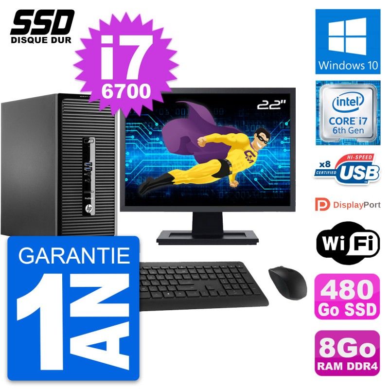 HP ProDesk 400 G3 MT Desktop PC - 22" Screen, Intel i7-6700, 8GB RAM, 480GB SSD