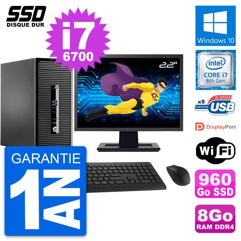 HP ProDesk 400 G3 MT Desktop PC - 22" Screen, Intel i7-6700, 8GB RAM, 960GB SSD, Windows 10, WiFi