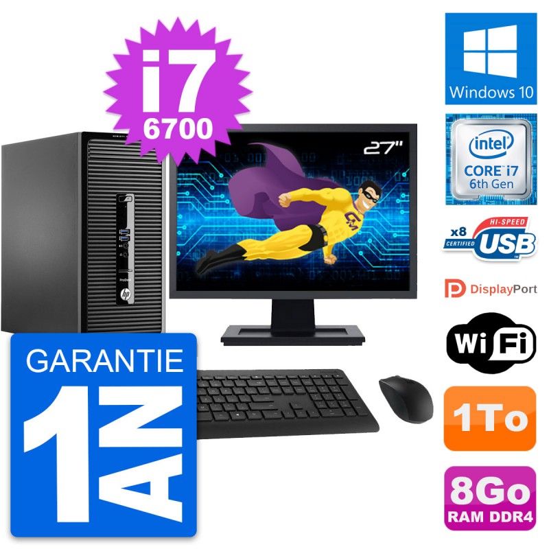 HP ProDesk 400 G3 MT Desktop Computer, 27" Screen, Intel i7-6700, 8GB RAM, 1TB HDD, Windows 10, WiFi