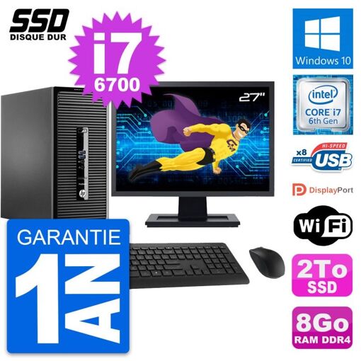 HP ProDesk 400 G3 MT Desktop Computer, 27" Screen, i7-6700, 8GB RAM, 2TB SSD, Windows 10, Wifi