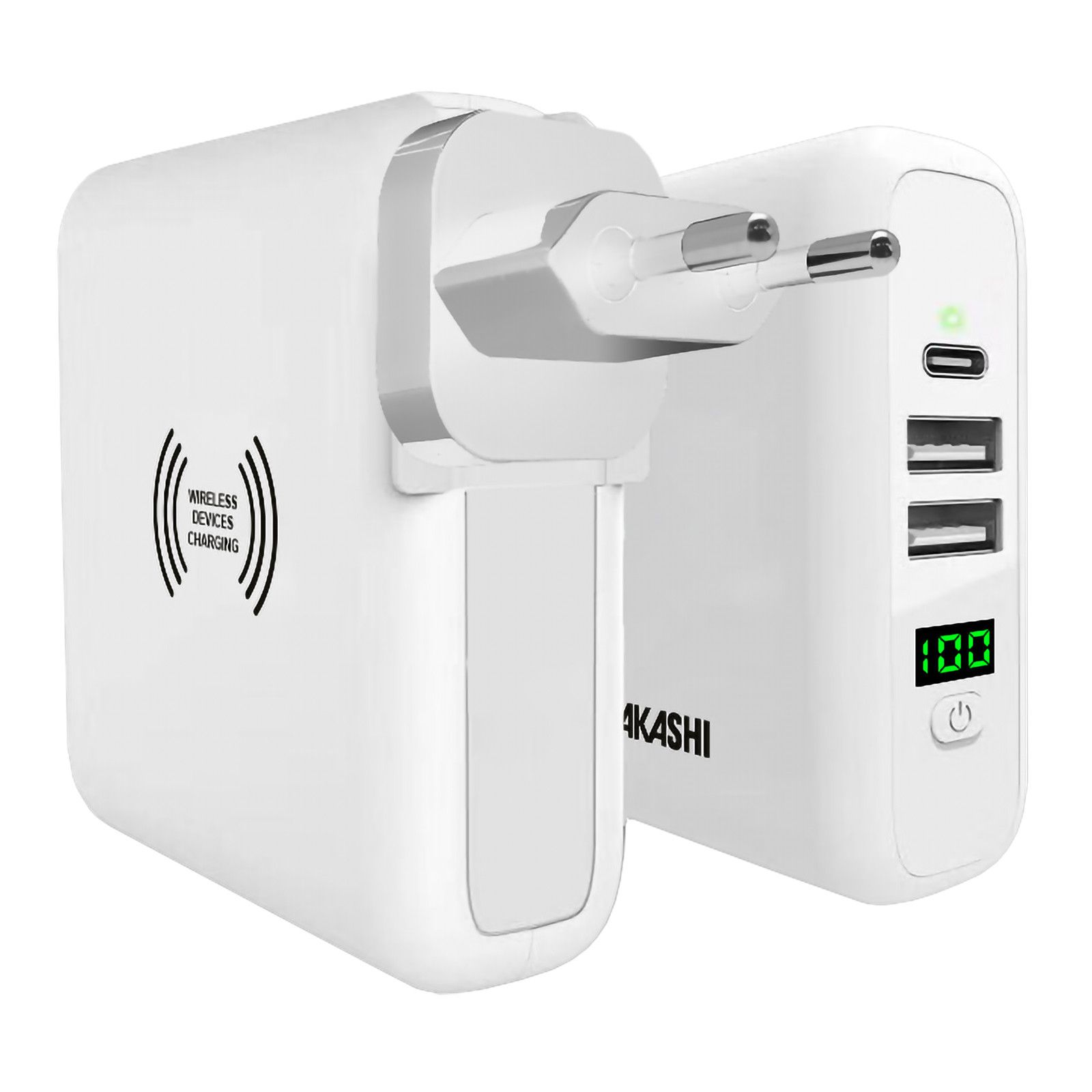 Akashi 3-in-1 Travel Power Adapter and Qi Charger - White