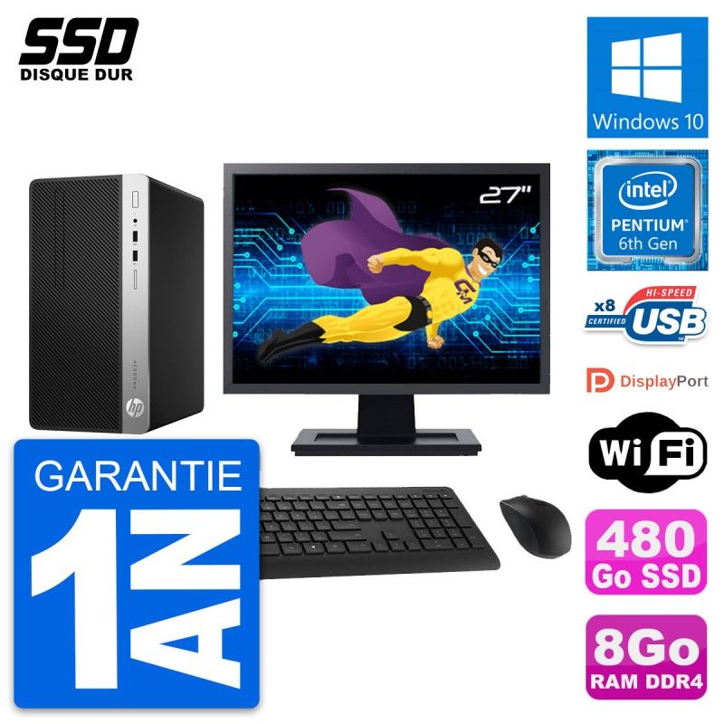 HP ProDesk 400 G4 MT Desktop Computer, 27" Screen, Pentium G4400, 8GB RAM, 480GB SSD, Windows 10, WiFi