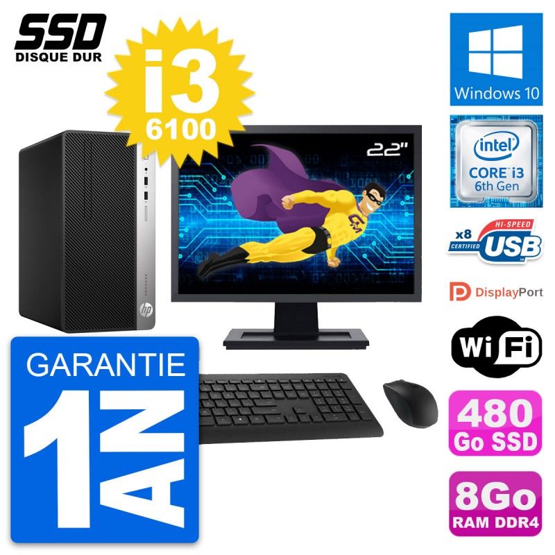 HP ProDesk 400 G4 MT Desktop Computer, 22" Screen, Intel i3-6100, 8GB RAM, 480GB SSD, Windows 10, Wifi