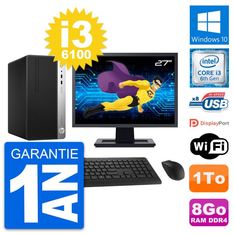 HP ProDesk 400 G4 MT Desktop Computer, 27" Screen, Intel i3-6100, 8GB RAM, 1TB HDD, Windows 10, WiFi