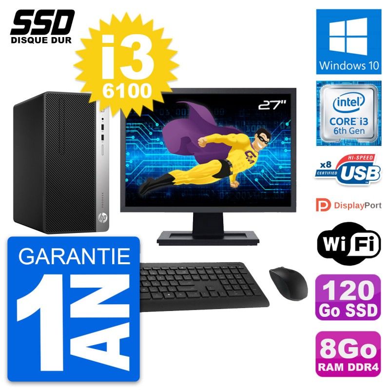 HP ProDesk 400 G4 MT Desktop PC, 27" Display, Intel i3-6100, 8GB RAM, 120GB SSD, Windows 10, WiFi