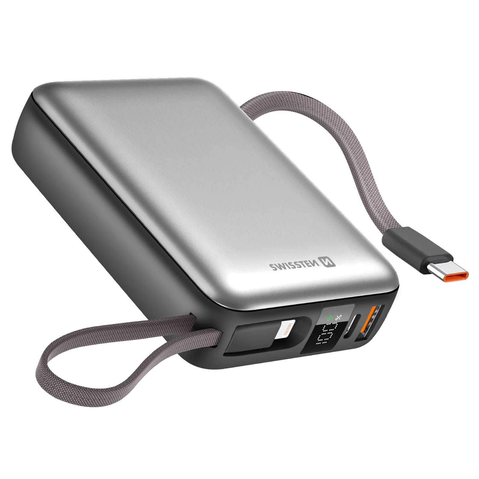 Batería externa compacta Swissten de 20000 mAh con cables USB-C y Lightning - Plata