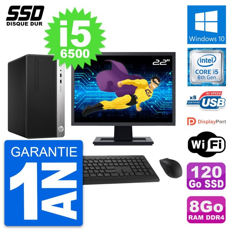 HP ProDesk 400 G4 MT Desktop PC, 22" Screen, Intel i5-6500, 8GB RAM, 120GB SSD, Windows 10, WiFi