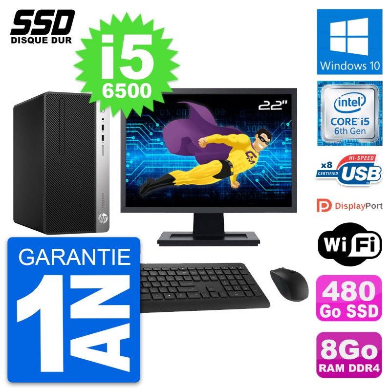 HP ProDesk 400 G4 MT Desktop PC, 22" Screen, Intel i5-6500, 8GB RAM, 480GB SSD, Windows 10, WiFi