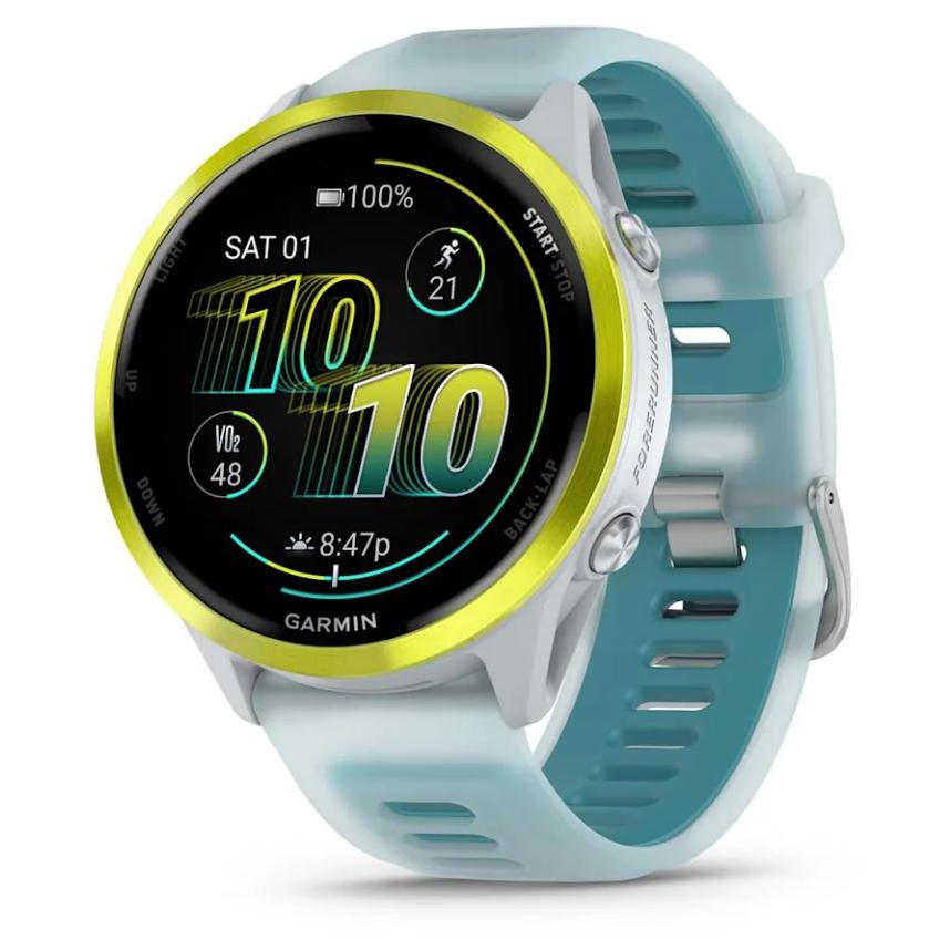 Garmin Forerunner 570 Watch, 47mm, Stonewhite and Amp Yellow/Translucent Whitestone Turquoise, Silicone Band