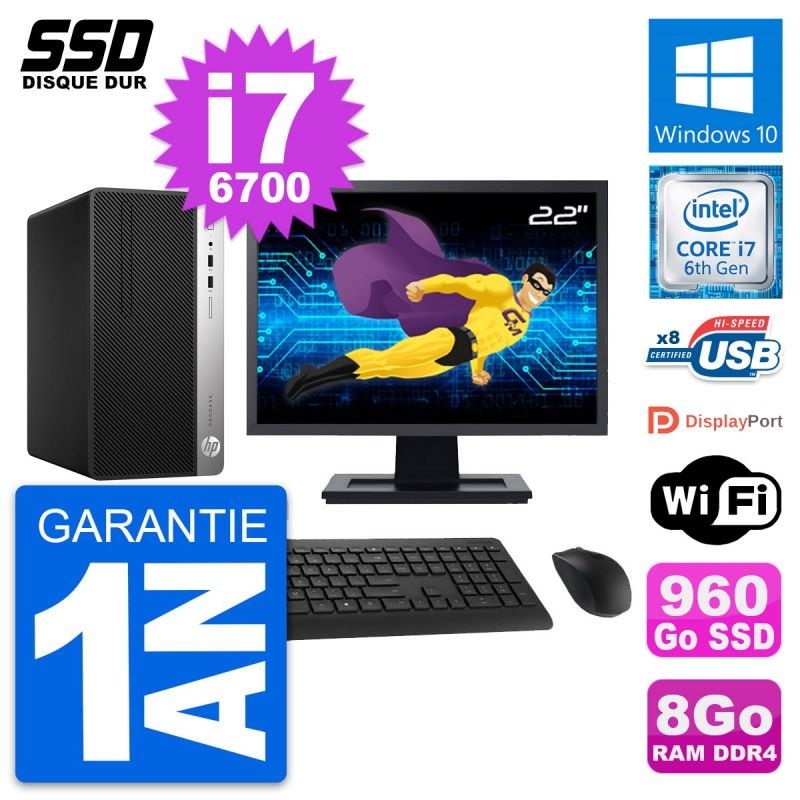 HP ProDesk 400 G4 MT Desktop Computer, 22" Screen, Intel i7-6700, 8GB RAM, 960GB SSD, Windows 10, WiFi