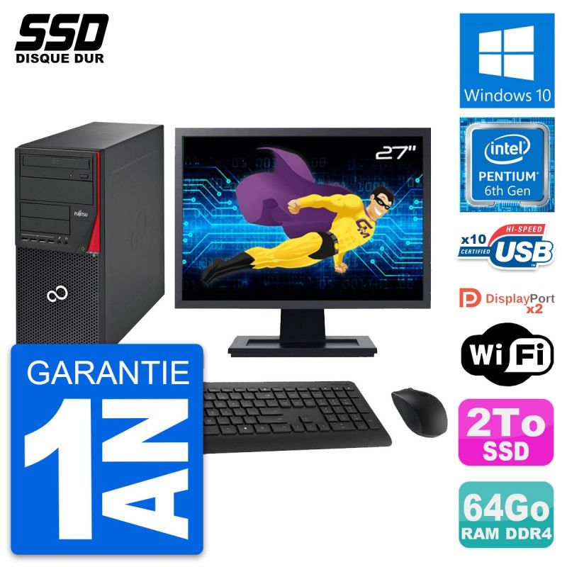 Fujitsu Esprimo P756 MT Desktop Computer - 27" Display, Intel Pentium G4400, 64GB RAM, 2TB SSD, Windows 10, WiFi