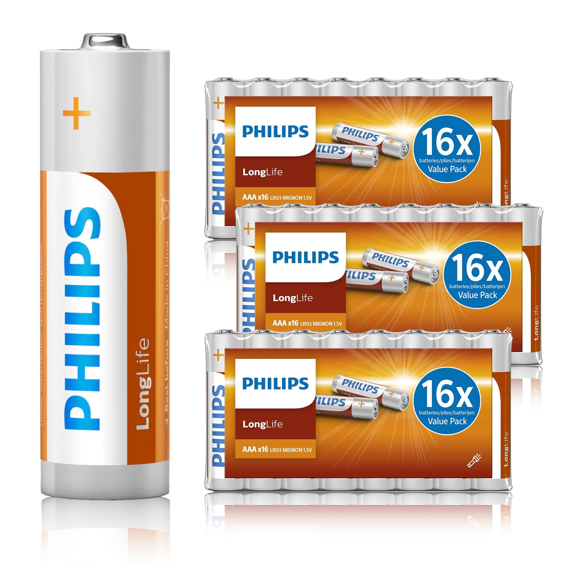 Baterías Philips AAA Longlife 48 piezas (3 blisteres de 16) - Paquete Ventaja LR3 - Alcalina