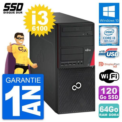 Fujitsu Esprimo P756 MT - Procesador Intel Core i3-6100, 64GB de RAM, 120GB SSD, Windows 10, Wifi
