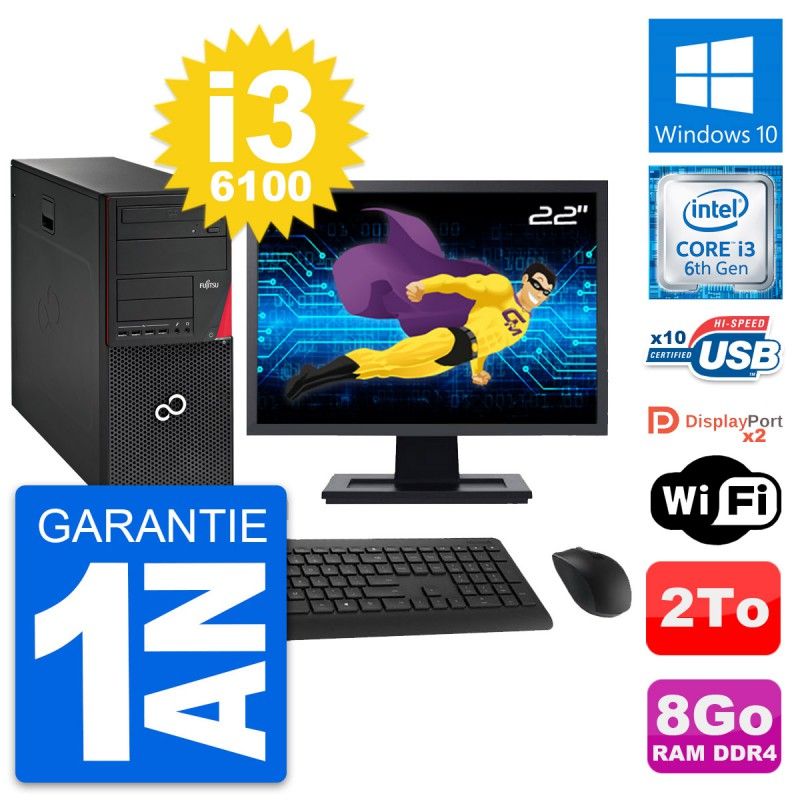 Fujitsu P756 22-inch PC Tower - Intel i3-6100, 8GB RAM, 2TB HDD, Windows 10, WiFi