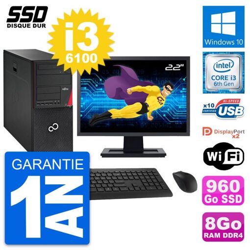 Fujitsu P756 22-Inch PC Tower - Intel i3-6100, 8GB RAM, 960GB SSD, Windows 10, WiFi
