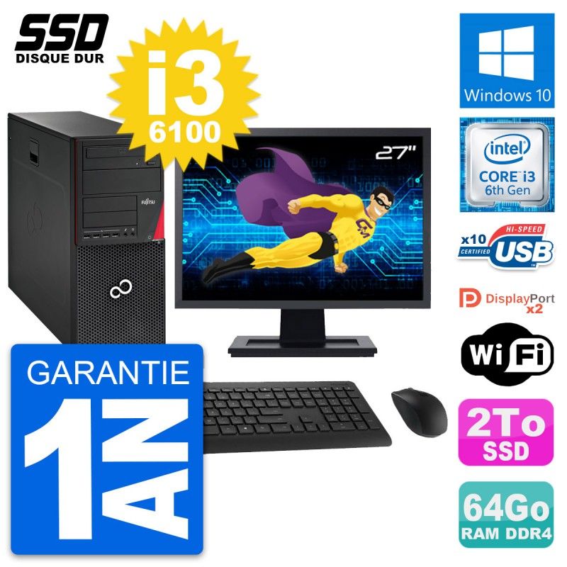 Fujitsu Esprimo P756 27-Inch PC Tower - i3-6100, 64GB RAM, 2TB SSD, Windows 10, WiFi