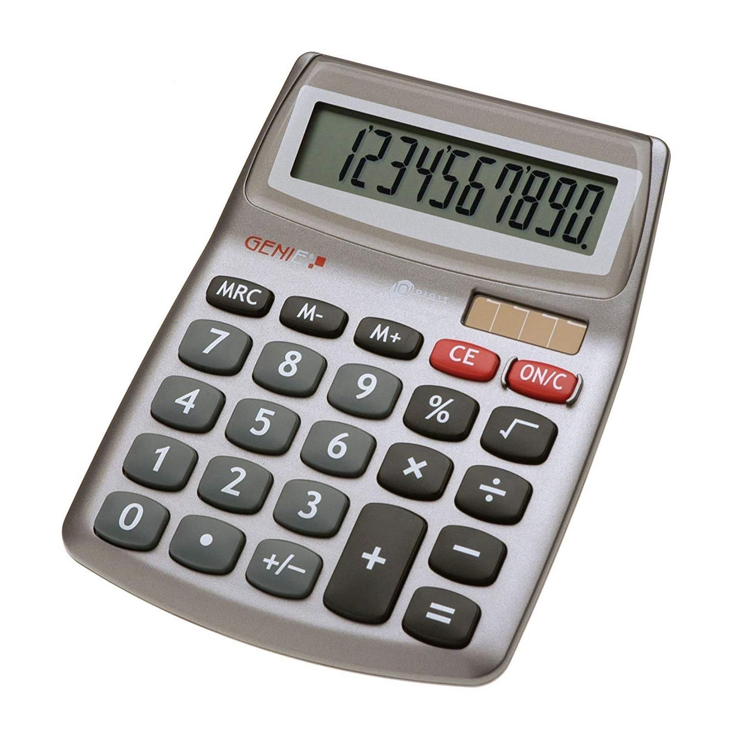 Genie Solar and Battery Desk Calculator, 10-Digit Display, Grey