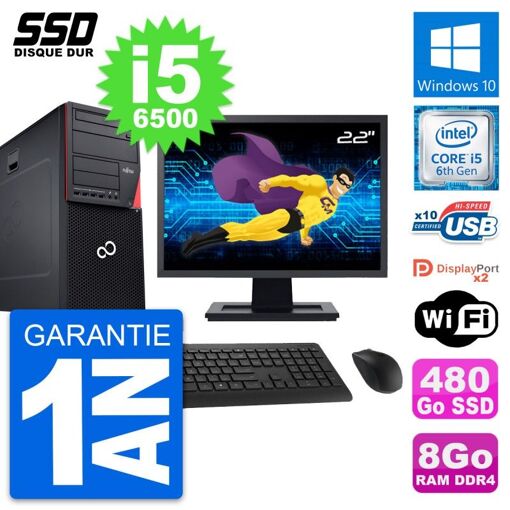 Fujitsu P756 22-inch PC Tower - Intel i5-6500, 8GB RAM, 480GB SSD, Windows 10, WiFi