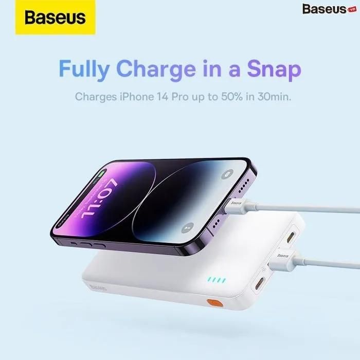 Batería externa Baseus Airpow Fast Charge 10000 mAh 20 W (blanca con cable de carga USB-C a Tipo-C de 30 cm blanco)