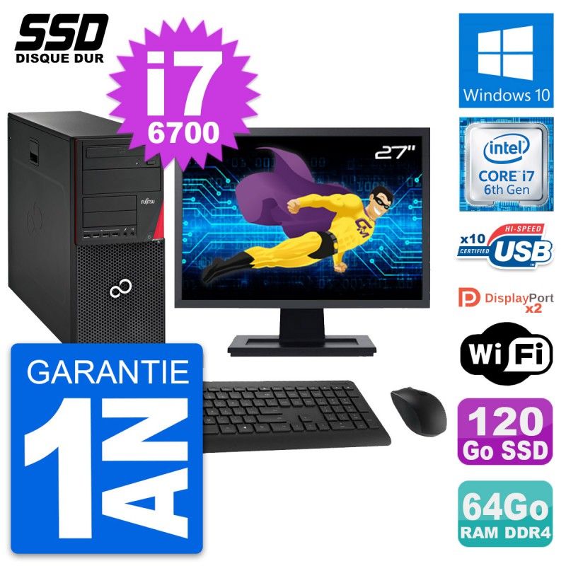 Fujitsu P756 27-Inch PC Tower - Intel i7-6700, 64GB RAM, 120GB SSD, Windows 10, WiFi