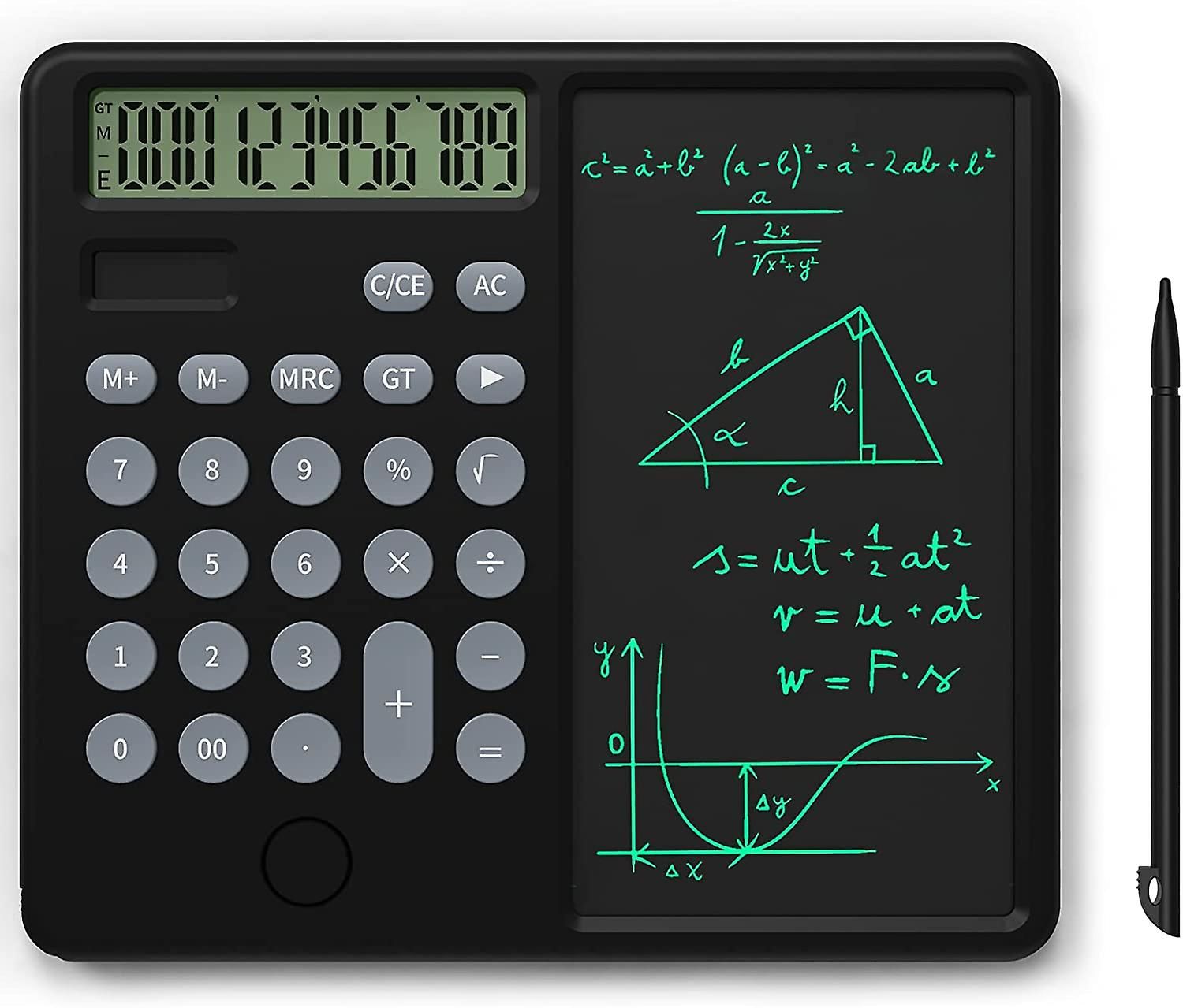 Ynong Standard Desk Calculator with 12-Digit Display, 6-Inch Erasable LCD Writing Pad, Solar and Dual Battery Power, for Office Use